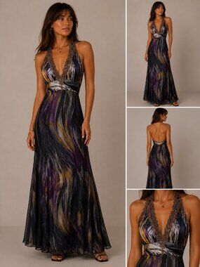 Vintage Aspeed Y2k Beaded Mesh Halter Maxi Dress Size Medium